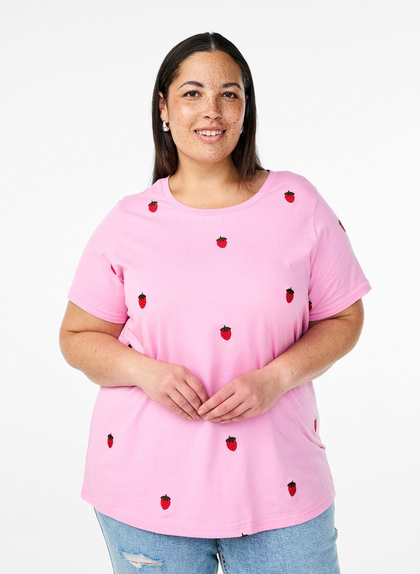 T-skjorte i &oslash;kologisk bomull med broderte motiv, Rosa, Model image number 0