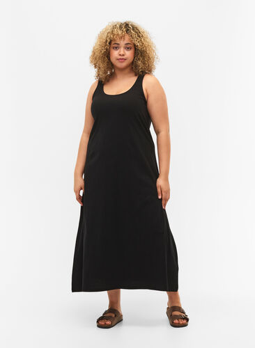 Ærmeløs kjole av bomull med A-form, Black, Model image number 0