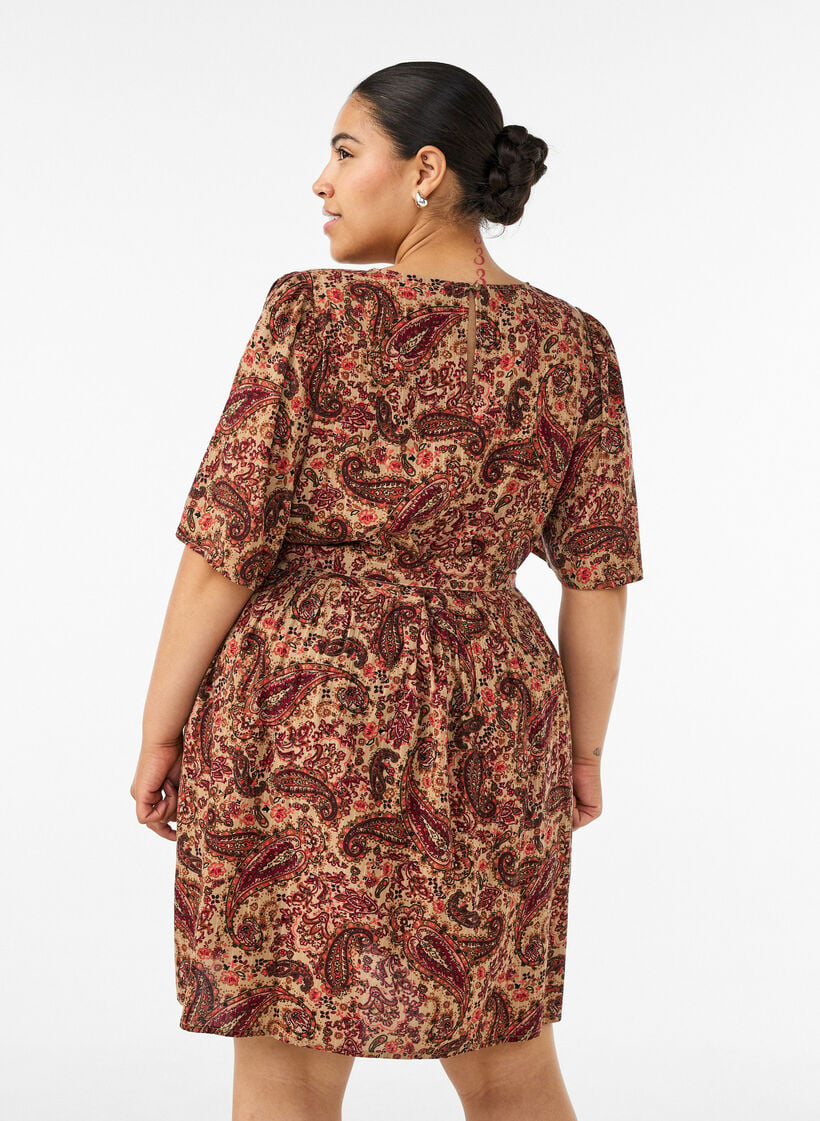 Kjole med paisleytrykk og knytebelte, Brun, Model image number 2