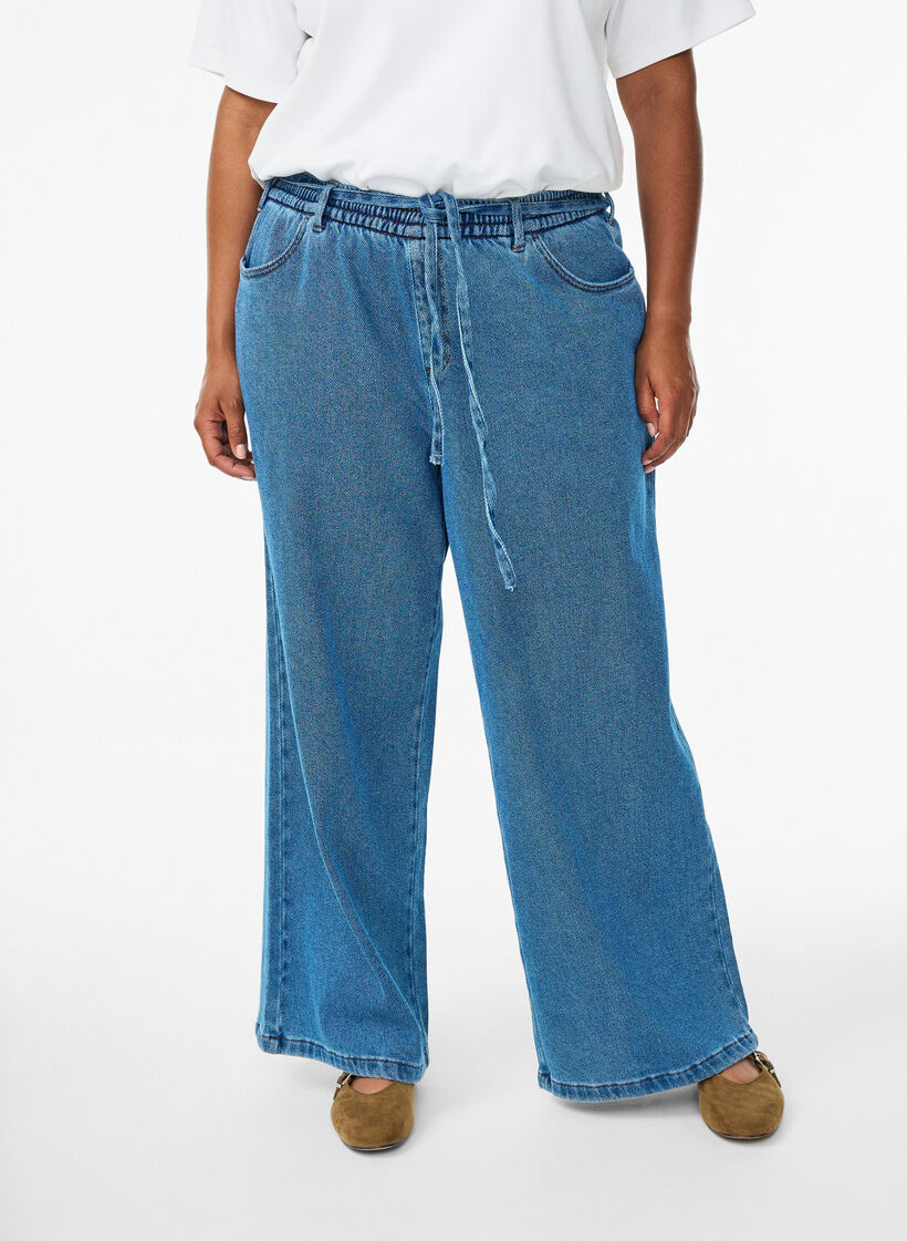 Loose fit-jeans med elastisk linning og snøring, Blue Denim, Model