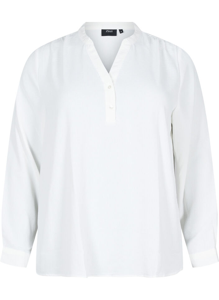 Langermet skjortebluse med V-hals, Bright White, Packshot image number 0