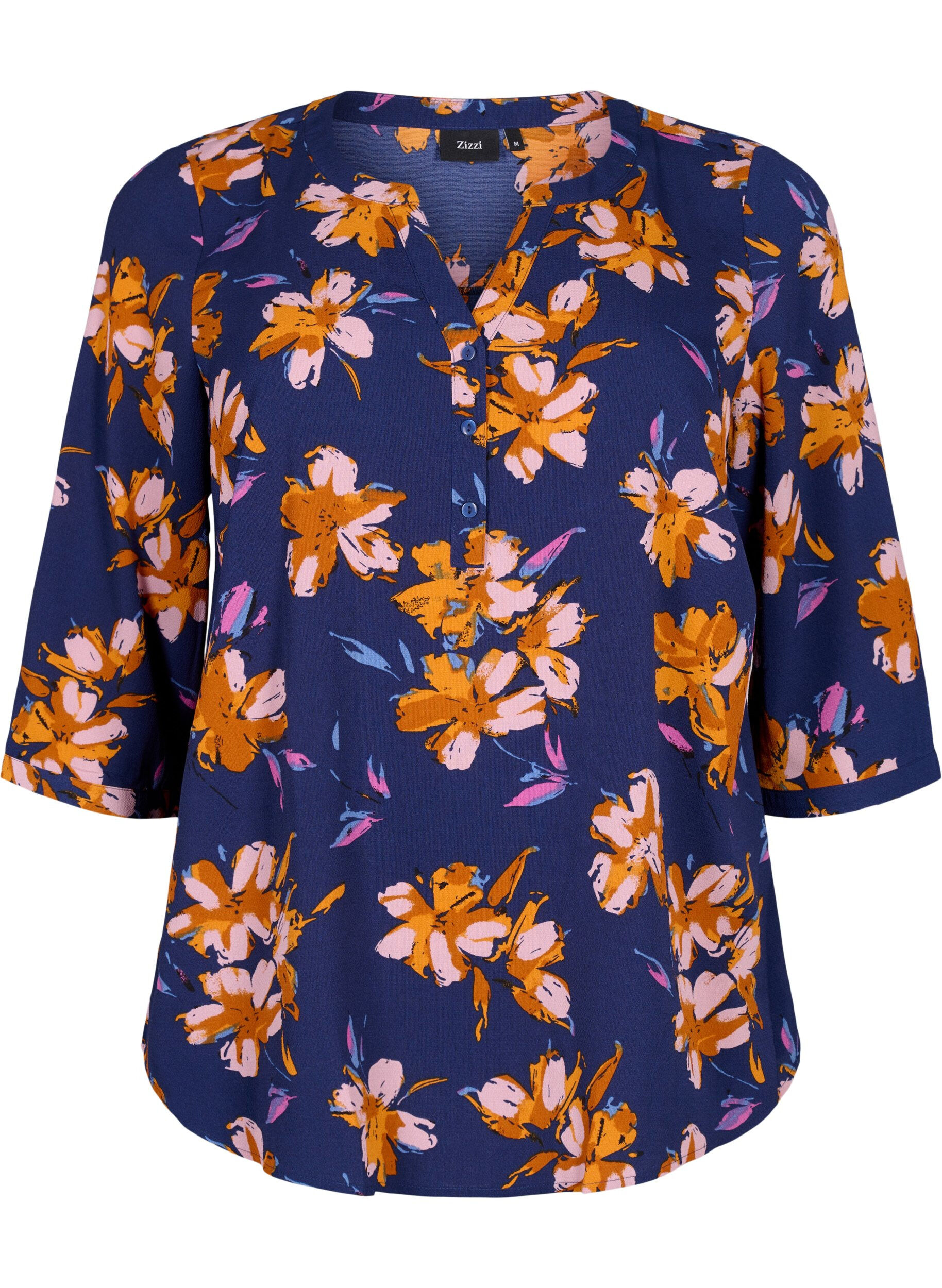 Zizzi Blomstret bluse med 3/4-ermer, Peacoat Flower AOP, Packshot image number 0