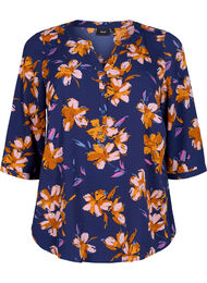 Blomstret bluse med 3/4-ermer, Peacoat Flower AOP