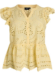 Ermel&oslash;s bluse i broderie anglaise med volanger, Gul