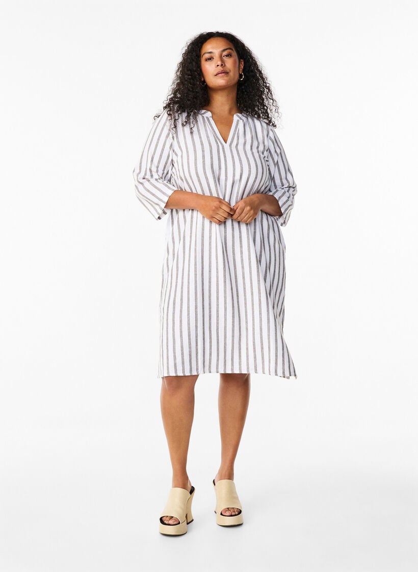Stripete tunikakjole i lin- og viskosemiks, White Stripe, Model image number 2