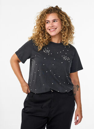 Zizzi T-skjorte med rhinesteiner og vasket look, Grå, Model image number 0