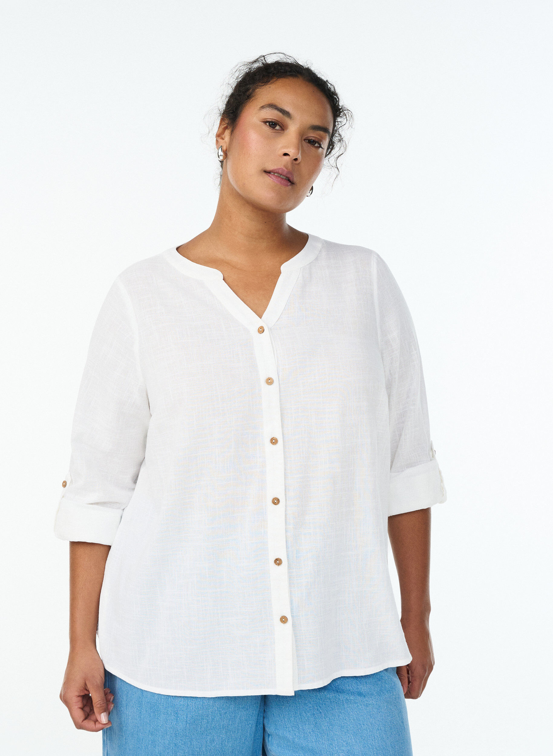 Bluse i bomull med V-hals, Hvit, Model