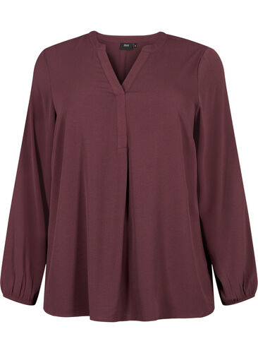Ensfarget bluse med V-hals, Fudge, Packshot image number 0