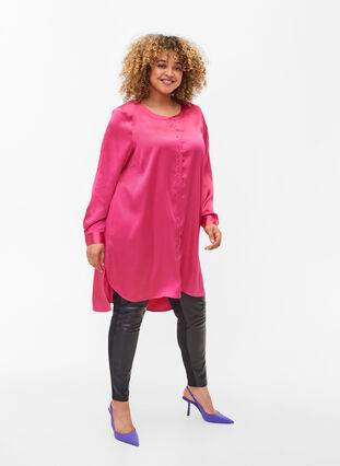 Lang shiny skjorte med splitt, Pink Flambé, Model image number 2