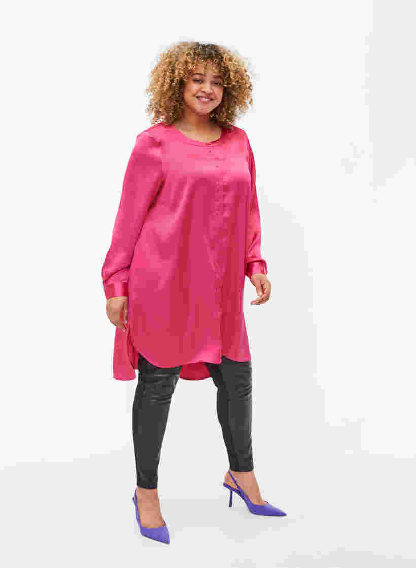 Lang shiny skjorte med splitt, Pink Flambé, Model image number 2