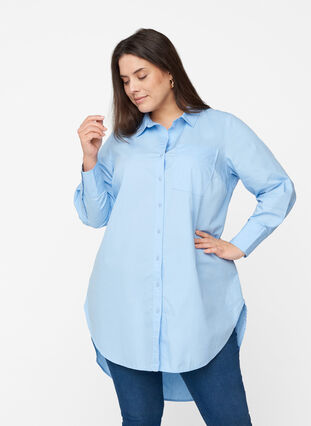 Lang bomullsskjorte med lomme på brystet, Blue Heron, Model image number 0