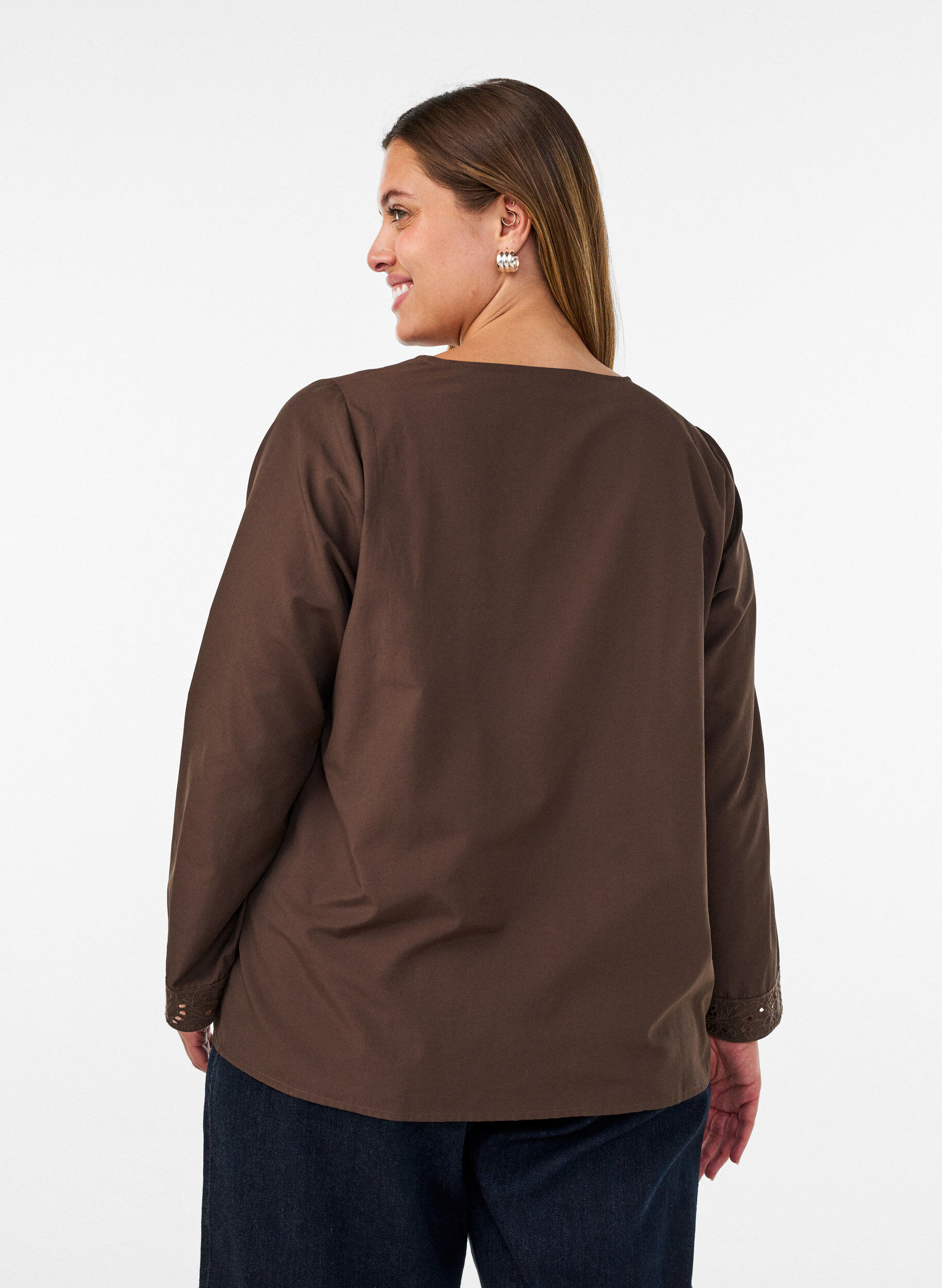 ZizziSkjortebluse med broderie anglaise, Brun, Model image number 2