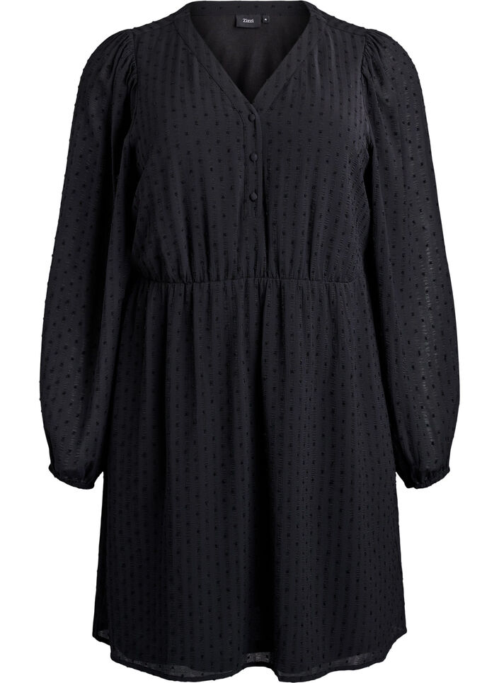 Kort kjole med tonale striper og teksturerte prikker, Svart, Packshot image number 0