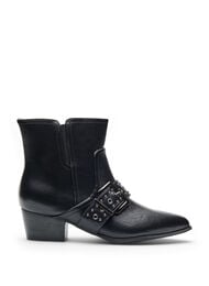 Wide fit - Skinn ankelstøvlett med stropp og nagler, Black