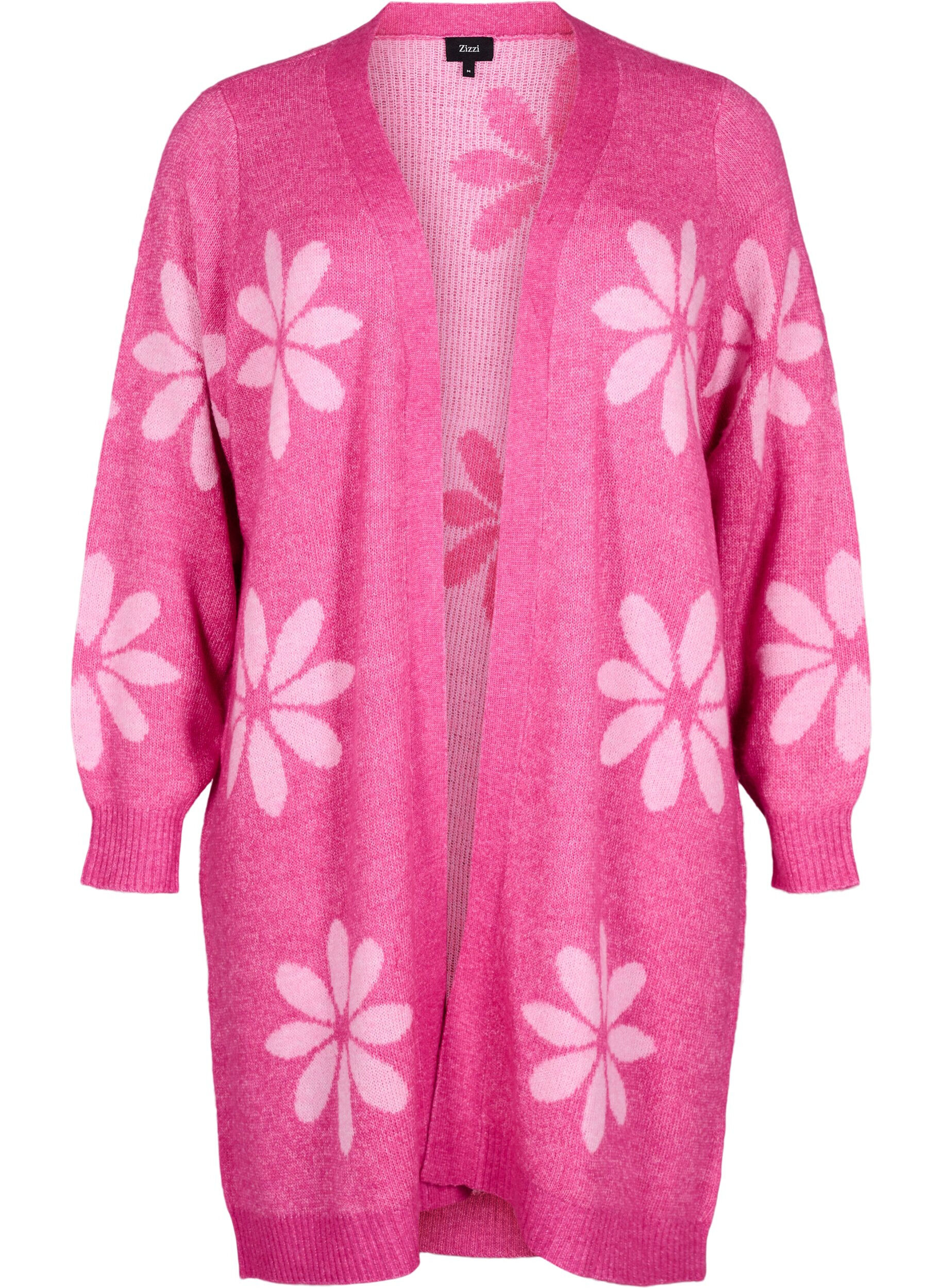 Zizzi Lang strikket cardigan med blomster, Raspberry Rose Comb, Packshot image number 0