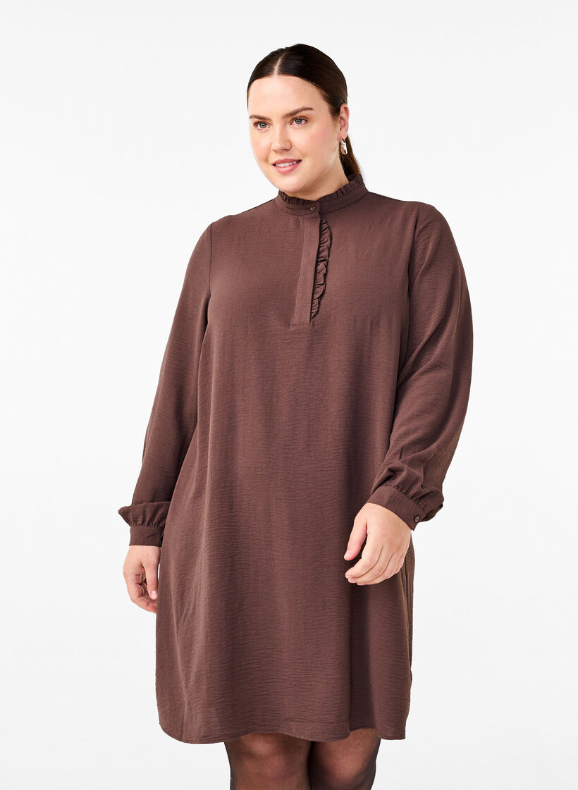 Langermet kjole med volangedetaljer, Chocolate Martini, Model image number 0