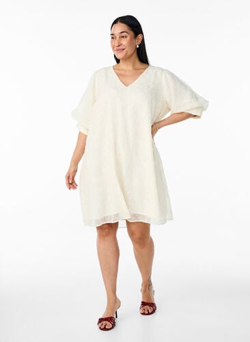 Zizzi Kort festkjole med paljetter, Vanilje, Model image number 0