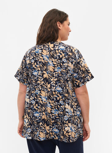 FLASH - Bluse med korte ermer og trykk, Brown Blue Flower, Model image number 1