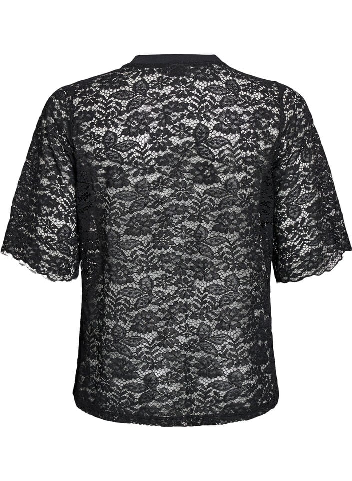 Bluse med blonder, korte ermer og rund hals, Black, Packshot