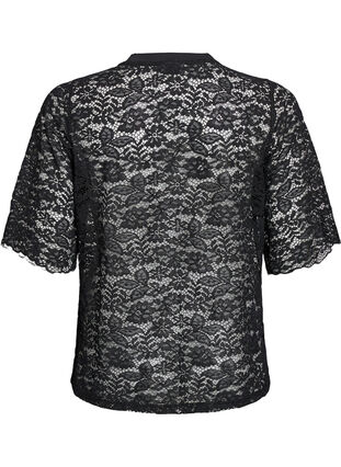 Zizzi Bluse med blonder, korte ermer og rund hals, Svart, Packshot image number 1