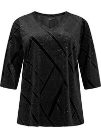 Velour bluse med glitter og 3/4-ermer