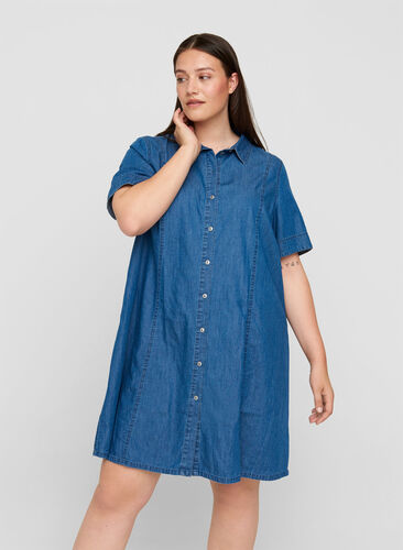 Skjortekjole i denim med korte ermer, Medium Blue denim, Model image number 0