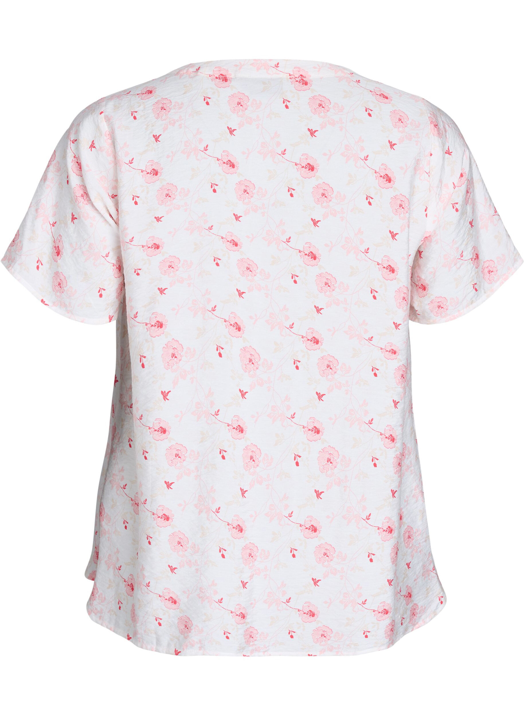 Zizzi Skjortebluse med korte ermer og blomstertrykk, Rosa, Packshot image number 1