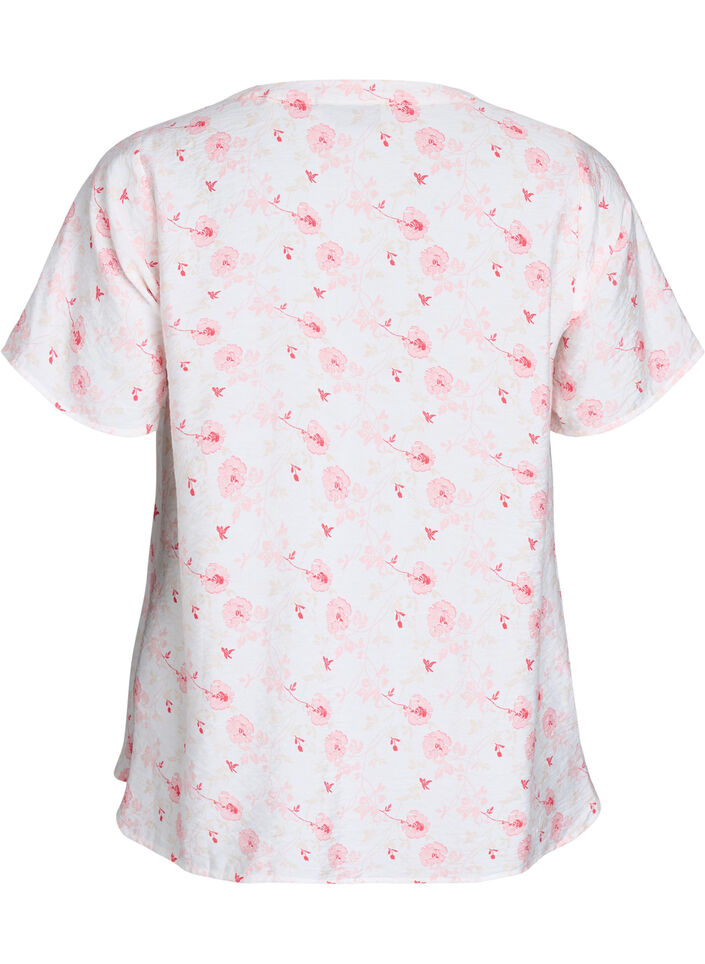 Skjortebluse med korte ermer og blomstertrykk, Rosa, Packshot image number 1