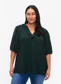 Viskosebluse med puffermer og volanger, Scarab, Model