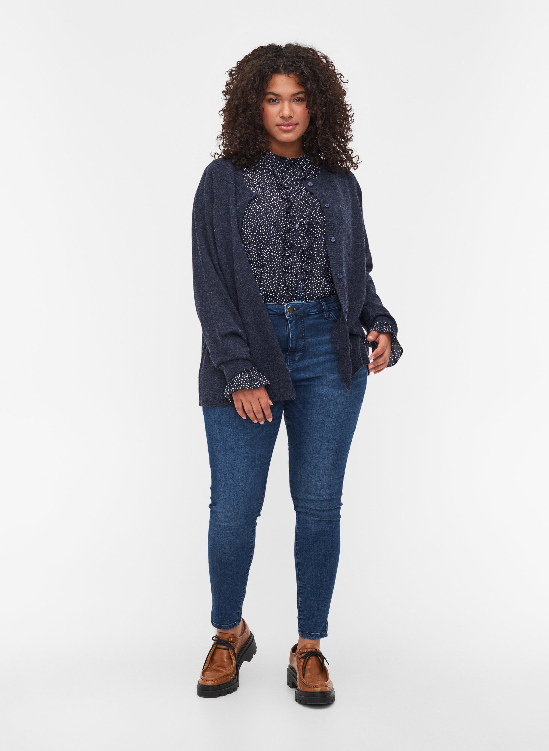 Zizzi Kort melert strikket cardigan med knappelukking, Night Sky Mel., Model image number 2