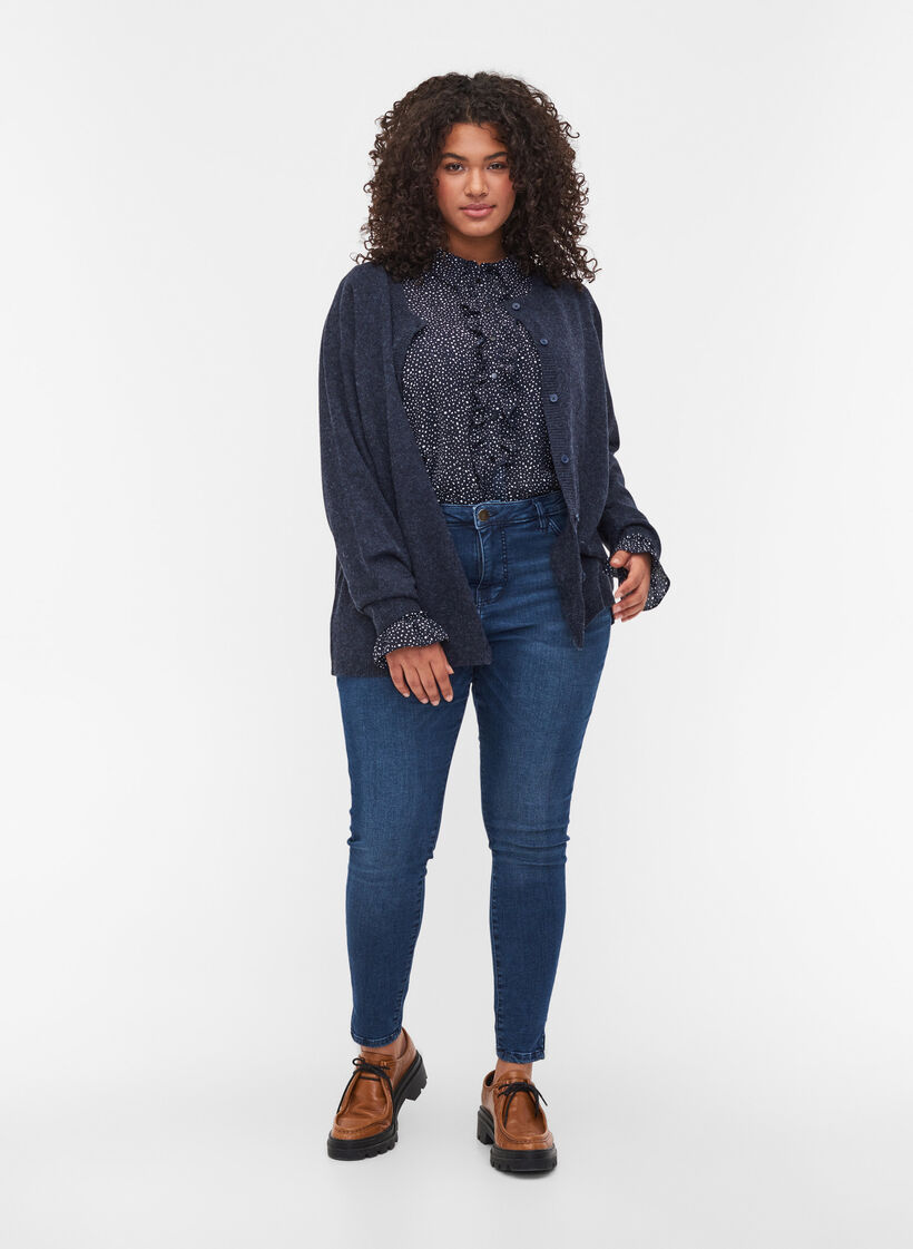 Kort melert strikket cardigan med knappelukking, Night Sky Mel., Model image number 2