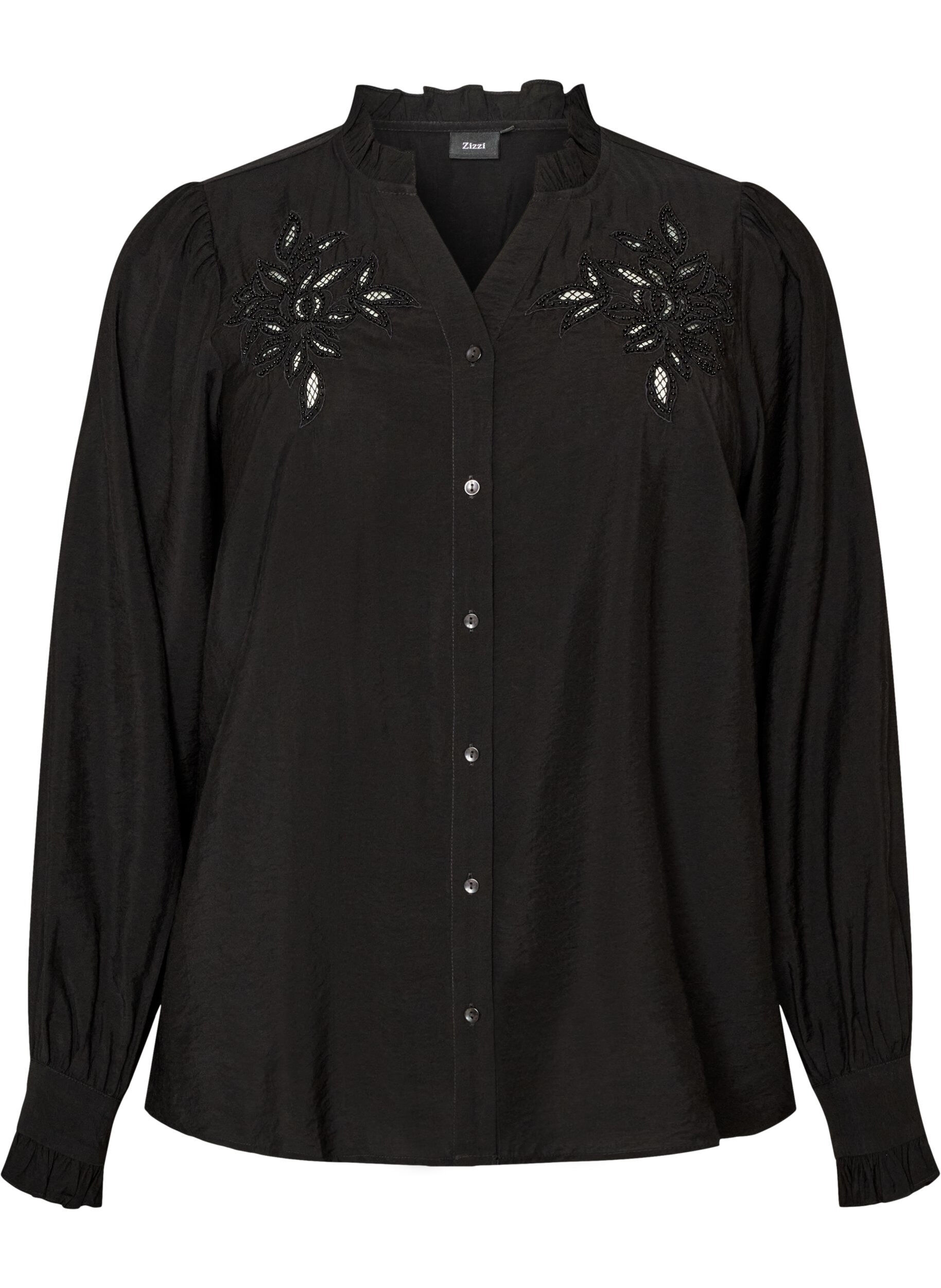 ZizziSkjortebluse med broderte blomsterapplikasjoner, Svart, Packshot image number 0