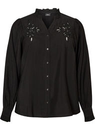 Skjortebluse med broderte blomsterapplikasjoner, Svart