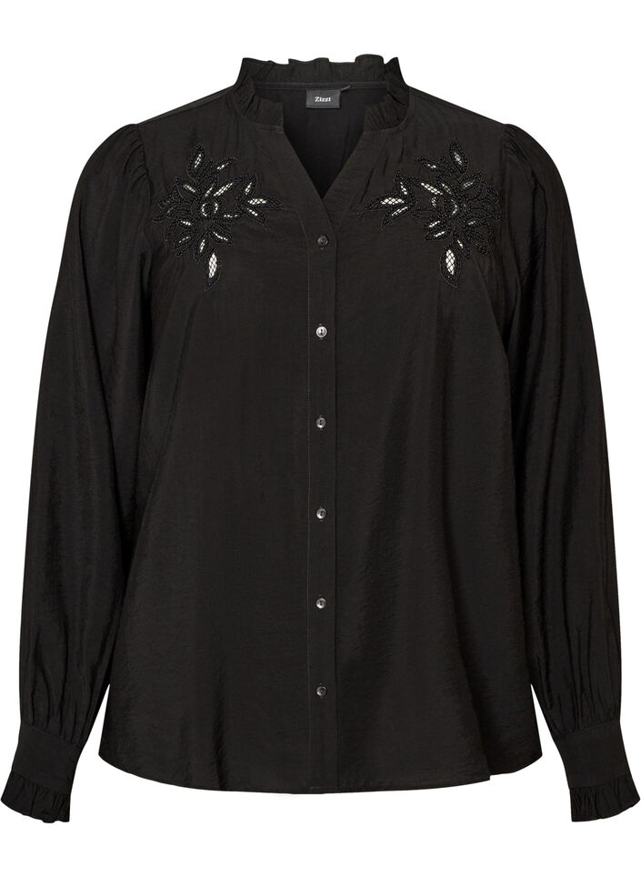 Skjortebluse med broderte blomsterapplikasjoner, Svart, Packshot image number 0