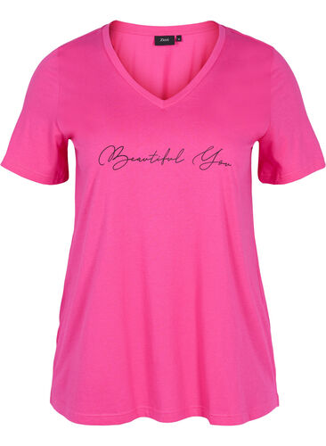 Kortermet T-skjorte i bomull med trykk, Magenta Beautiful, Packshot image number 0