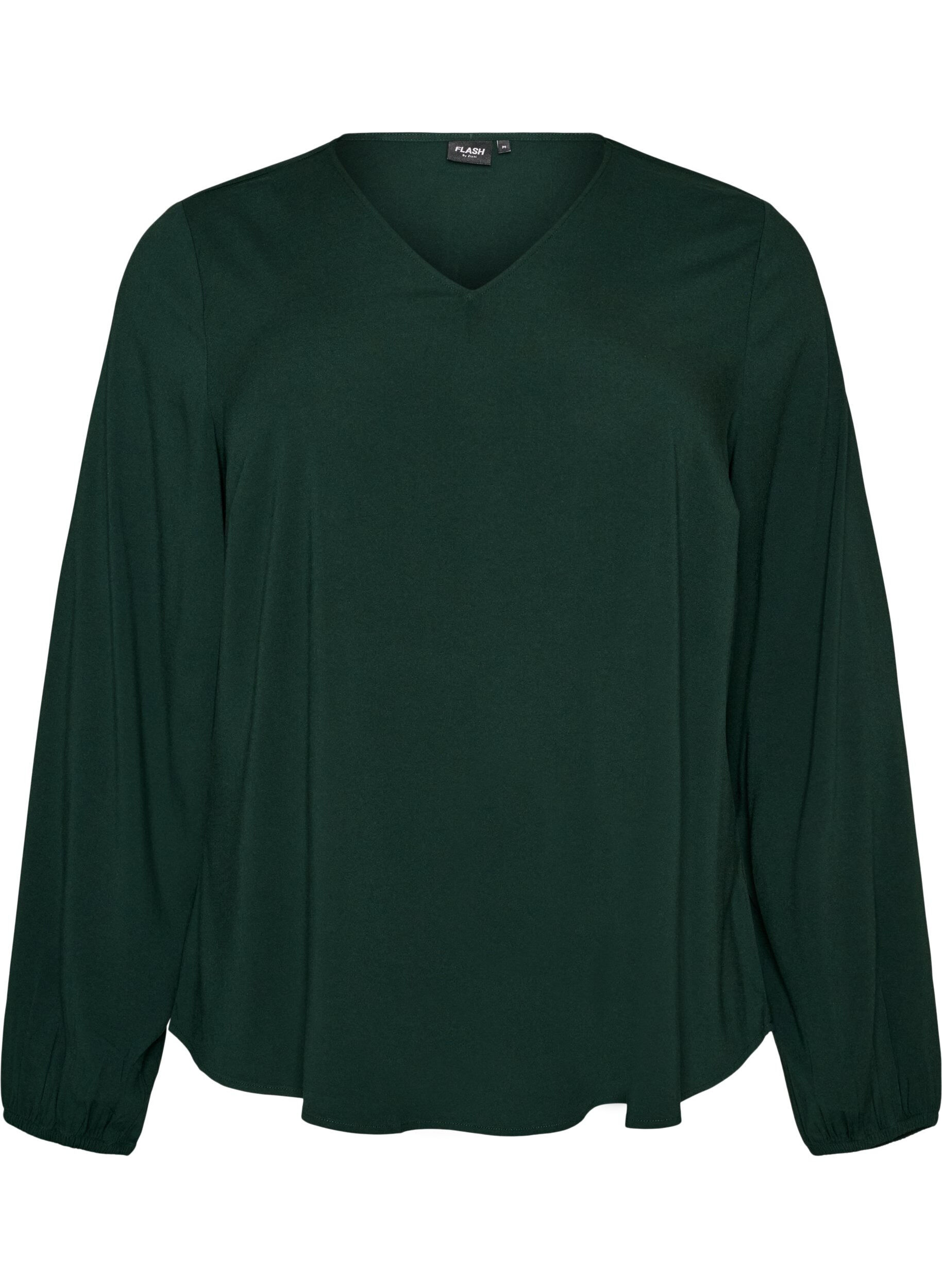 ZizziViskosebluse med V-hals og avrundet fold, Gr&oslash;nn, Packshot image number 0