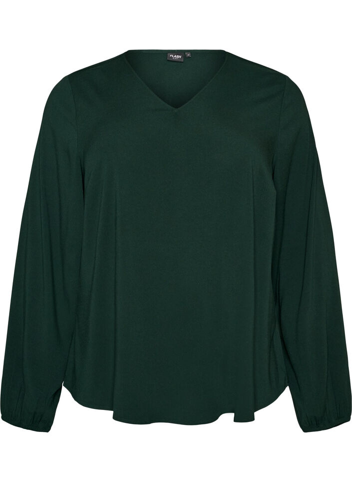 Viskosebluse med V-hals og avrundet fold, Gr&oslash;nn, Packshot image number 0