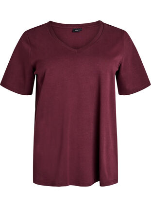 Zizzi Basis V-hals T-skjorte i økologisk bomull, Mørk Bordeaux, Packshot image number 0