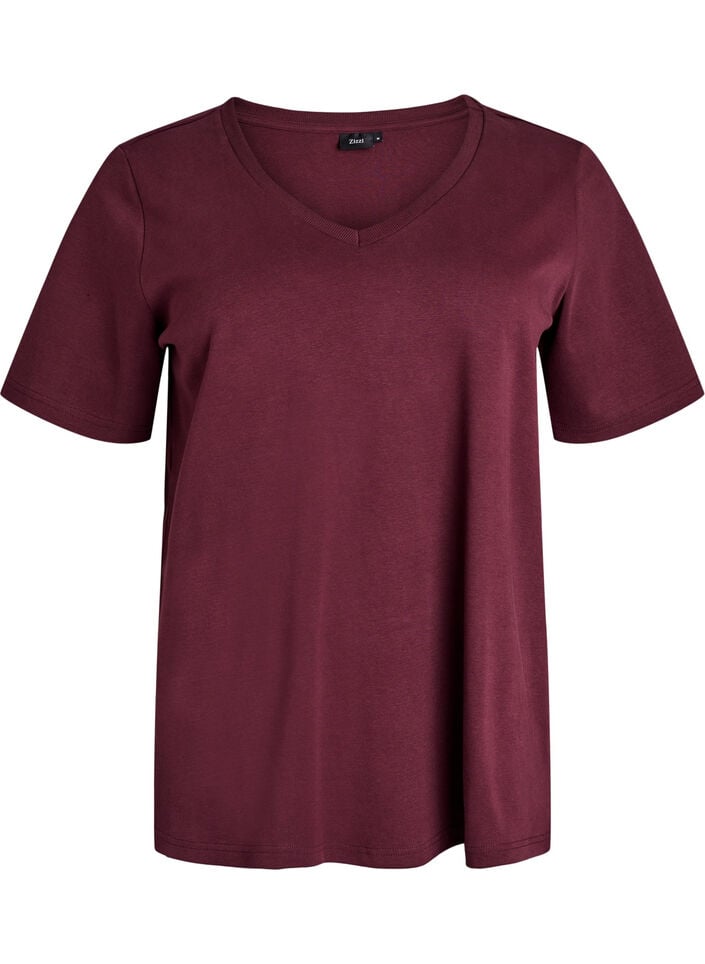 Basis V-hals T-skjorte i økologisk bomull, Mørk Bordeaux, Packshot image number 0