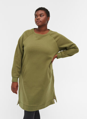 Kjole med lommer og splitt, Olive Drab, Model image number 0