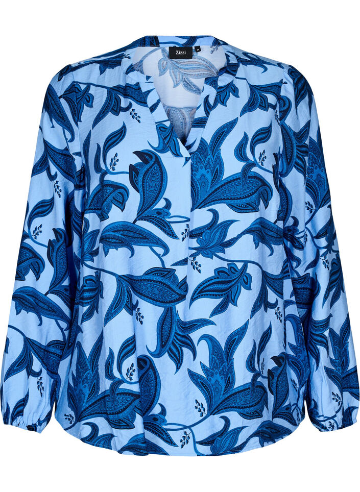 Langermet bluse med paisleymønster og v-hals, Blue Paisley AOP, Packshot image number 0