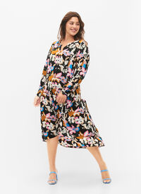 Midi-kjole med lange ermer, Black Multi Flower, Model