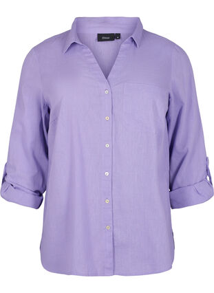Skjortebluse med knappelukking i bomull-lin-blanding, Lavender, Packshot image number 0