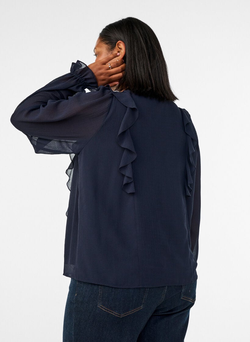 Gjennomsiktig bluse med volanger og knyte-lukking, Bl&aring;, Model image number 2