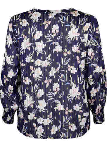 Mønstrete bluse med smock og V-hals, Blue Flower, Packshot image number 1