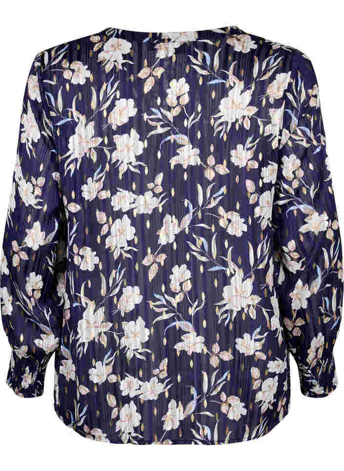 Mønstrete bluse med smock og V-hals, Blue Flower, Packshot image number 1