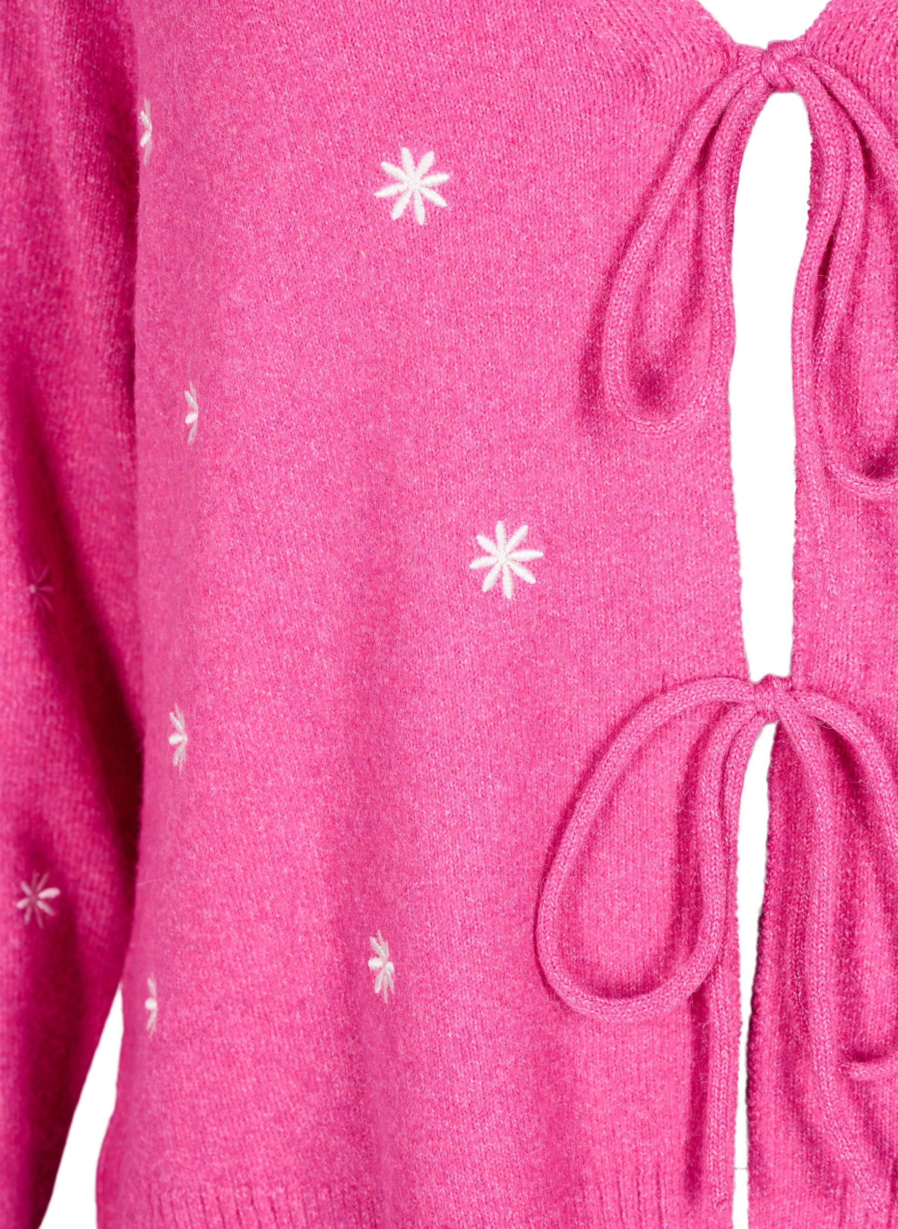 Zizzi Strikket cardigan med knytedetaljer og broderi, Raspberry Rose Comb, Packshot image number 2