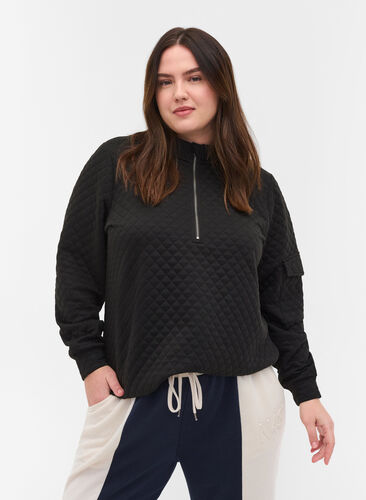 Quiltet genser med glidelås, Black, Model image number 0