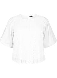 Bluse med puffermer og blondemønster, Bright White