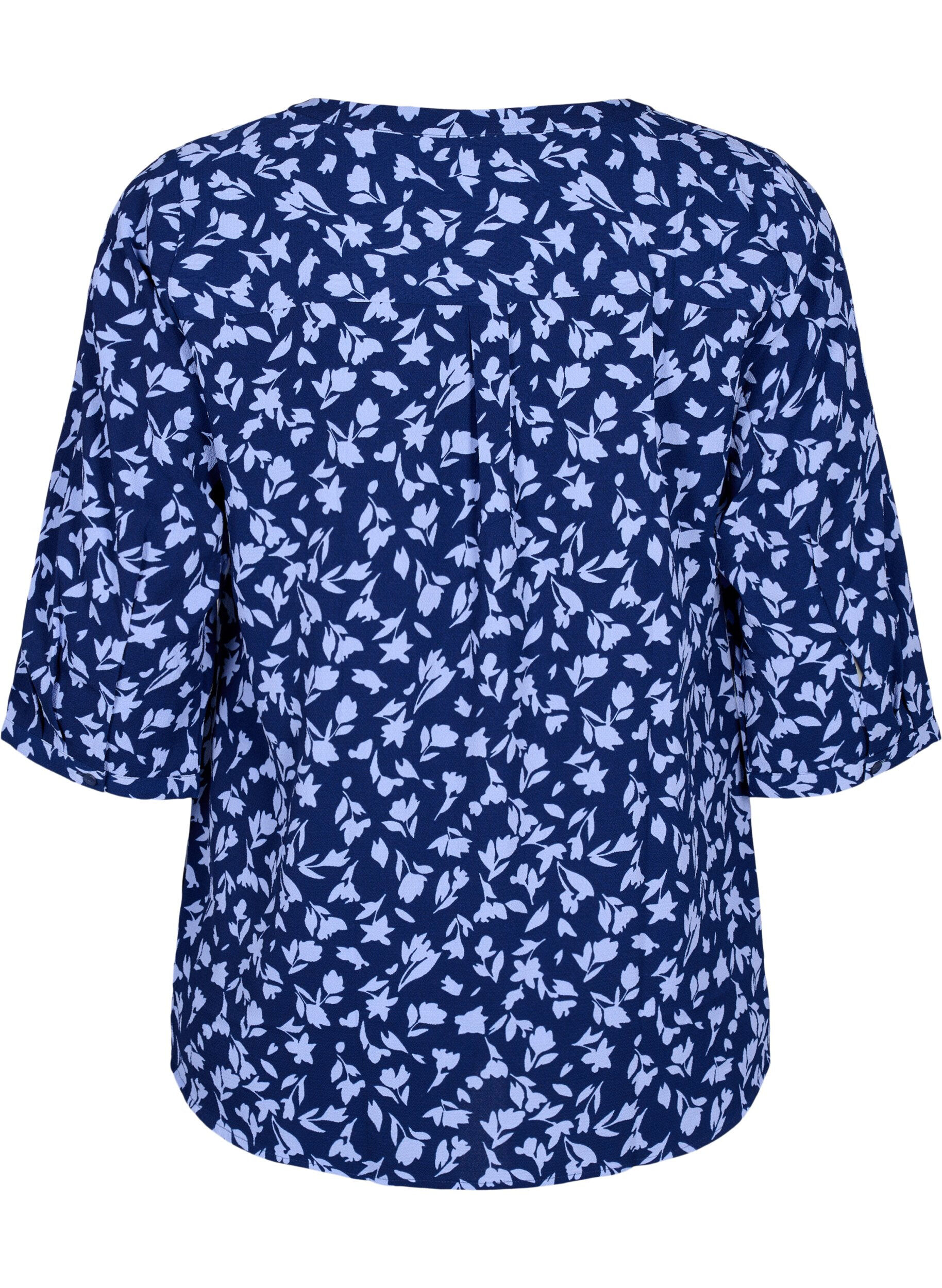 Zizzi Blomstret bluse med 3/4-ermer, M. Blue Flower AOP, Packshot image number 1